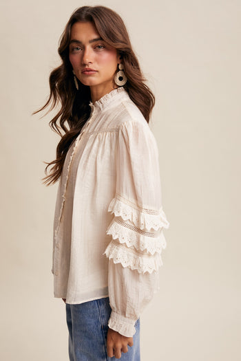 Listicle Lace Ruffle Sleeve Pintuck Blouse in Cream