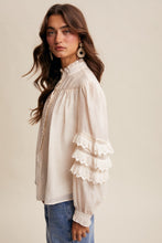 Load image into Gallery viewer, Listicle Lace Ruffle Sleeve Pintuck Blouse in Cream
