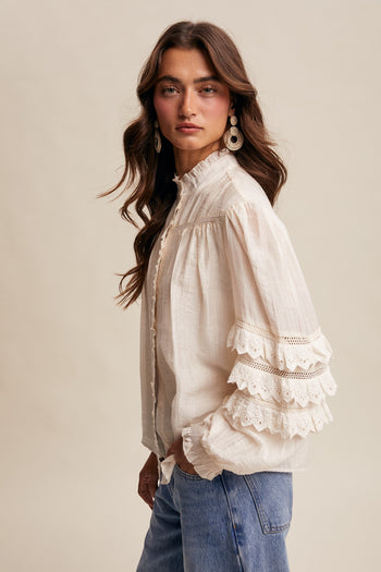 Listicle Lace Ruffle Sleeve Pintuck Blouse in Cream