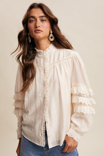 Listicle Lace Ruffle Sleeve Pintuck Blouse in Cream
