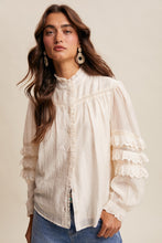 Load image into Gallery viewer, Listicle Lace Ruffle Sleeve Pintuck Blouse in Cream
