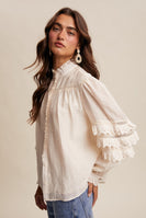 Listicle Lace Ruffle Sleeve Pintuck Blouse in Cream
