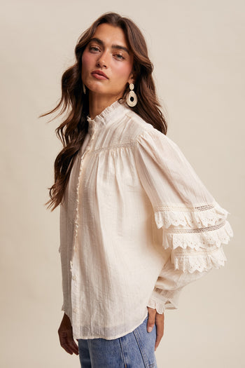 Listicle Lace Ruffle Sleeve Pintuck Blouse in Cream