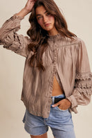 Listicle Lace Ruffle Sleeve Pintuck Blouse in Ash Mocha