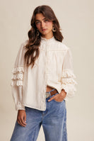Listicle Lace Ruffle Sleeve Pintuck Blouse in Cream