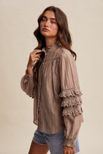 Load image into Gallery viewer, Listicle Lace Ruffle Sleeve Pintuck Blouse in Ash Mocha
