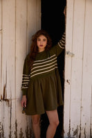 Sunday Edition Striped Knit and Woven Knit Mix N Match Mini Dress in Olive-Cream Stripe