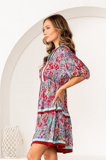 Sew in Love Floral Print Tiered Mini Dress with Contrasting Stripes in Green/Red