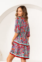 Load image into Gallery viewer, Sew in Love Floral Print Tiered Mini Dress with Contrasting Stripes in Green/Red
