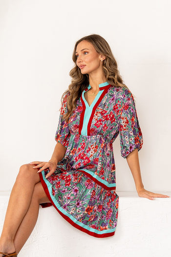 Sew in Love Floral Print Tiered Mini Dress with Contrasting Stripes in Green/Red