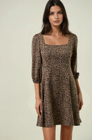 Doe & Rae Animal Print Knit Square Neck Flare Mini Dress in Mocha