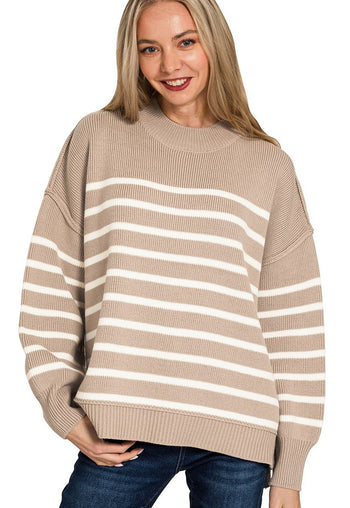 OVERSIZED Exposed Seam Striped Sweater in Ash Mocha
