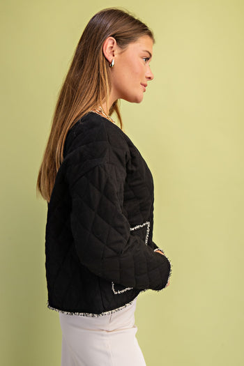GiGio Quilted Jacket with Contrasting Frayed Fringe Trim in Black