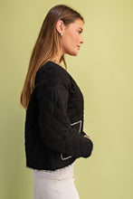 Load image into Gallery viewer, GiGio Quilted Jacket with Contrasting Frayed Fringe Trim in Black
