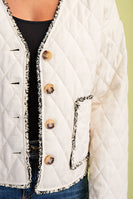 GiGio Quilted Jacket with Contrasting Frayed Fringe Trim in Oatmeal