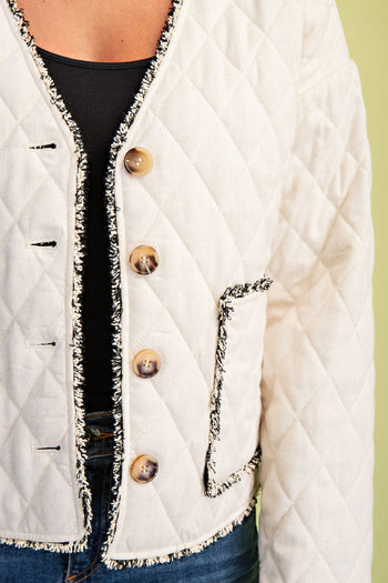 GiGio Quilted Jacket with Contrasting Frayed Fringe Trim in Oatmeal