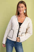 GiGio Quilted Jacket with Contrasting Frayed Fringe Trim in Oatmeal