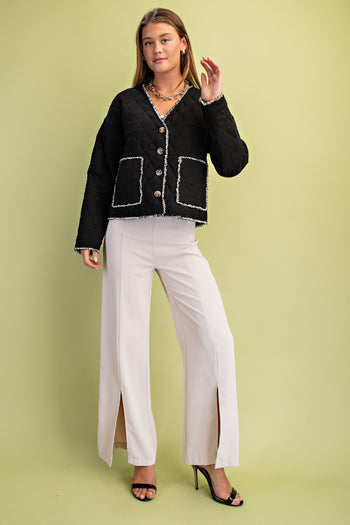 GiGio Quilted Jacket with Contrasting Frayed Fringe Trim in Black