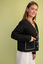 Load image into Gallery viewer, GiGio Quilted Jacket with Contrasting Frayed Fringe Trim in Black
