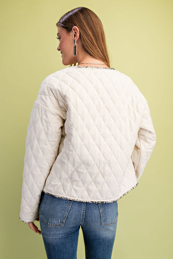 GiGio Quilted Jacket with Contrasting Frayed Fringe Trim in Oatmeal