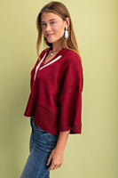 GiGio Solid Color Knit Sweater with Contrasting Stripe Detail in Maroon
