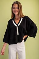 GiGio Solid Color Knit Sweater with Contrasting Stripe Detail in Black