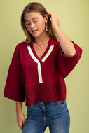 GiGio Solid Color Knit Sweater with Contrasting Stripe Detail in Maroon