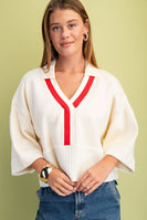 GiGio Solid Color Knit Sweater with Contrasting Stripe Detail in Ivory