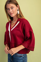GiGio Solid Color Knit Sweater with Contrasting Stripe Detail in Maroon