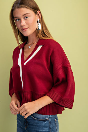 GiGio Solid Color Knit Sweater with Contrasting Stripe Detail in Maroon
