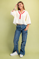 GiGio Solid Color Knit Sweater with Contrasting Stripe Detail in Ivory