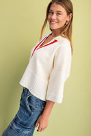 GiGio Solid Color Knit Sweater with Contrasting Stripe Detail in Ivory
