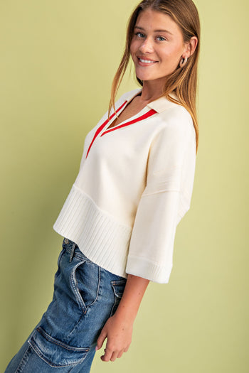 GiGio Solid Color Knit Sweater with Contrasting Stripe Detail in Ivory