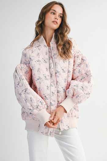 MABLE Floral Print Quilted Puffer Bomber Jacket in Pink