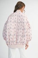 MABLE Floral Print Quilted Puffer Bomber Jacket in Pink