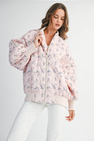MABLE Floral Print Quilted Puffer Bomber Jacket in Pink
