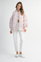 MABLE Floral Print Quilted Puffer Bomber Jacket in Pink