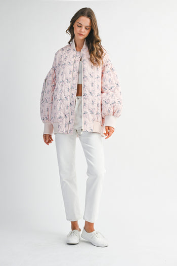 MABLE Floral Print Quilted Puffer Bomber Jacket in Pink