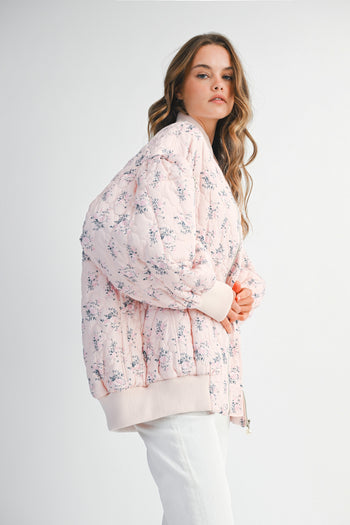 MABLE Floral Print Quilted Puffer Bomber Jacket in Pink