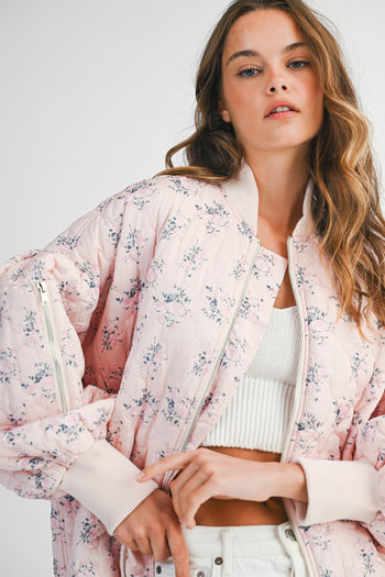 MABLE Floral Print Quilted Puffer Bomber Jacket in Pink