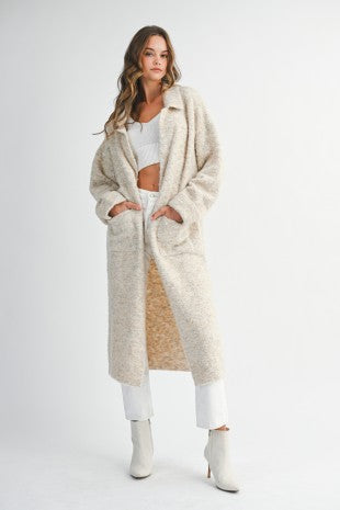 MABLE Long Open Front Knit Sweater Cardigan in Oatmeal