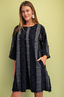 GiGio Frayed Texture Checkered Print Mini Dress in Navy