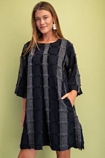 GiGio Frayed Texture Checkered Print Mini Dress in Navy