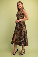 GiGio Leopard Print Front Zip Midi Dress in Camel