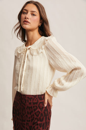 Forte Textured Top with Floral Embroidery in Ecru