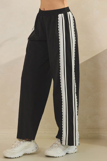 Veveret Nylon Track Pants with Lace Stripes in Black