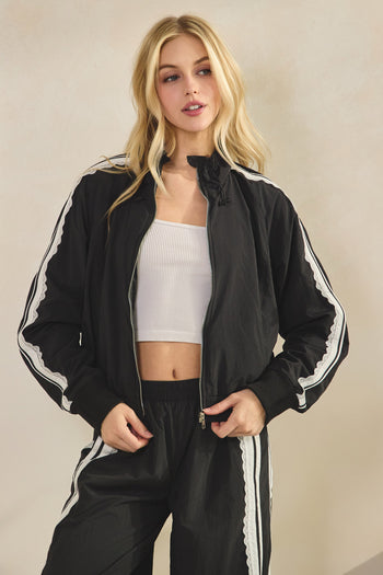 Veveret Nylon Track Jacket with Lace Details in Black
