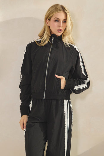 Veveret Nylon Track Jacket with Lace Details in Black