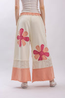 BlueVelvet Flower Patched Color Blocked Wide Leg Pants in White-Pink