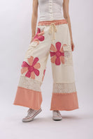 BlueVelvet Flower Patched Color Blocked Wide Leg Pants in White-Pink